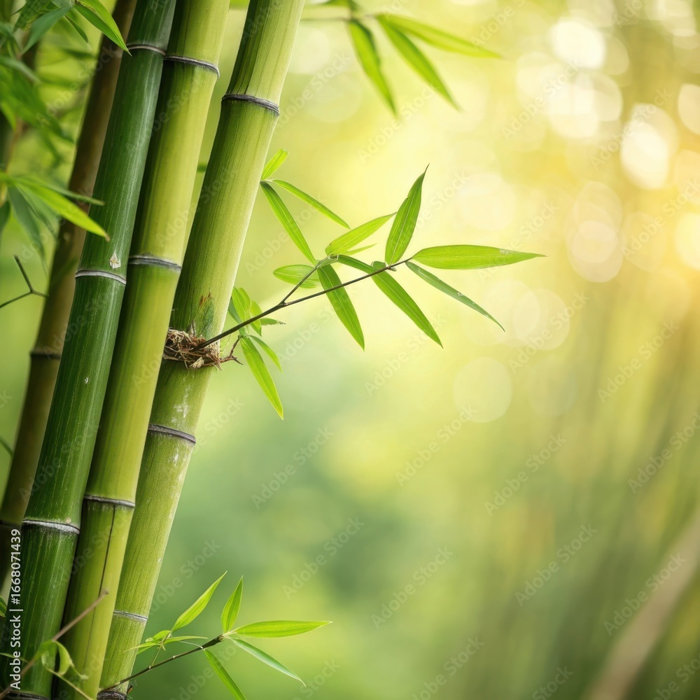 Fototapeta premium Vibrant close-up of lush green bamboo stalks with soft golden sunlight and out-of-focus foliage