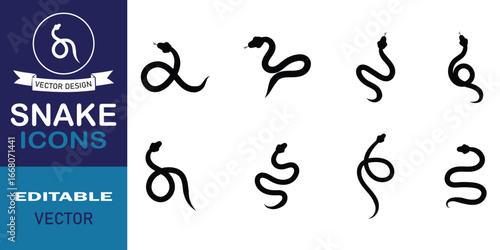 Snake icon set. Set of snake silhouette vector simple design. Jungle animals snake safaris, wildlife, rainforest sign symbol. Silhouette snake concept hand drawing design. Vector illustration.