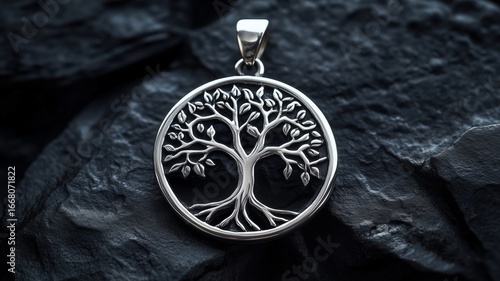 Silver tree of life pendant displayed on dark textured stones for a touch of nature-inspired elegance