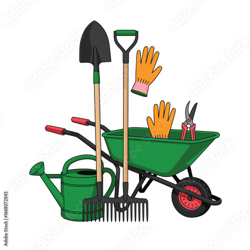 Black and white vector gardening tools bundle with shovel, rake, watering can, gloves, pruning shears, and wheelbarrow