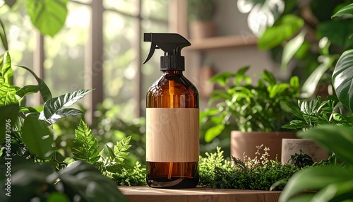 Close-up of a spray bottle for plants in a home garden setting.