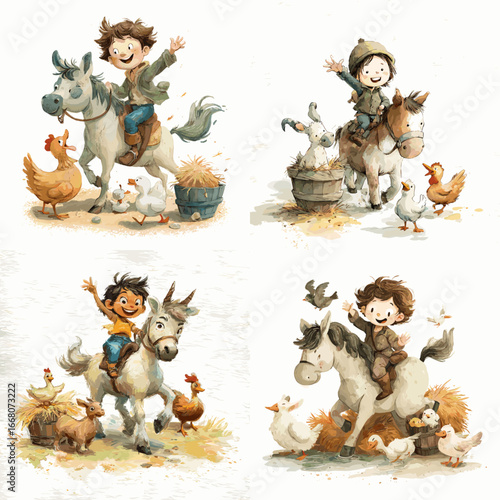Adorable watercolor illustration of happy children riding farm animals with chickens, ducks, and countryside charm, evoking playful rural childhood joy.