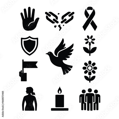 Black and white vector violence awareness symbolic bundle with stop hand, broken chain, awareness ribbon, dove, shield, protest, and unity icons