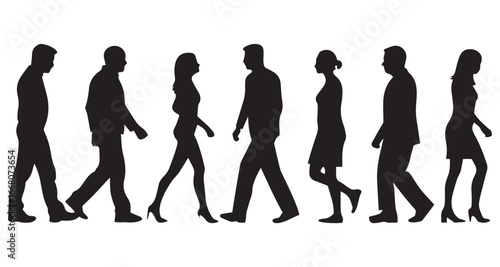 People walking on white background silhouette woman and man collection group of human figures vector illustration abstract design isolated crowd concept