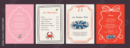 Whimsical hand drawn sea food poster and menu template in trendy whimsical style. Perfect doodle for quirky italian dinner  restaurant and cafe, kitchen wall art, poster,  party, birthday, sign