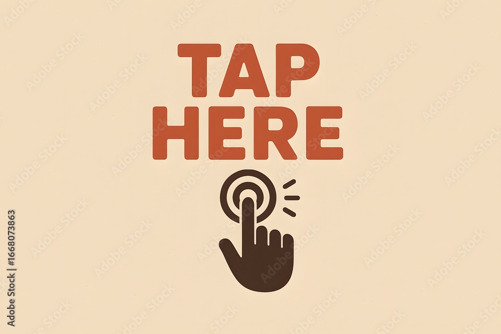 Obraz premium Retro-style “TAP HERE” call-to-action graphic with hand icon and warm tones — vintage interface design for apps, banners, or interaction cues