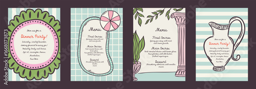 Set of summer exotic vacation whimsical hand-drawn frames with palm and sea, bow aesthetic in trendy, vintage styles. Perfect for quirky holiday, wedding, birthday gift decorations