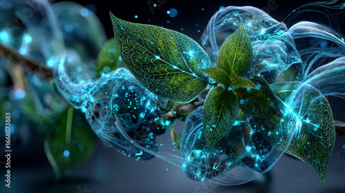 Freshness effect, blue air or wind flow with green leaves. Glow waves and swirls, wand trails, fresh menthol breath or detergent isolated on transparent background, Realistic 3d vector illustration