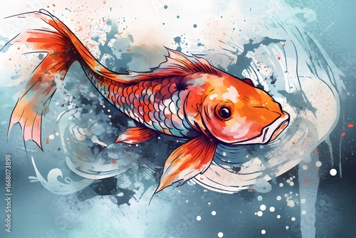 Detailed ink sketch of a koi carp infused with soft watercolor textures portraying fluid motion and tranquil Japanese-inspired aquatic artistry goldfish in aquarium