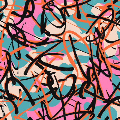 Vector abstract graffiti seamless pattern. Urban art sport texture with chaotic paint, strokes, paint splashes, lines. Trending colorful background. Design for kids, teens, boys, girls, sportswear