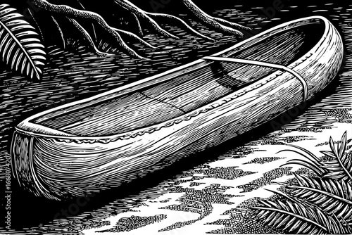 Native American dugout canoe crafted from tree trunk, historical significance shown in black and white sketch