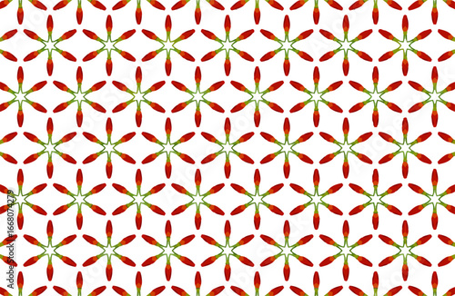 A vibrant and eye-catching pattern composed of meticulously arranged red chili peppers, seamlessly repeating across a white background, creating an appealing seamless design