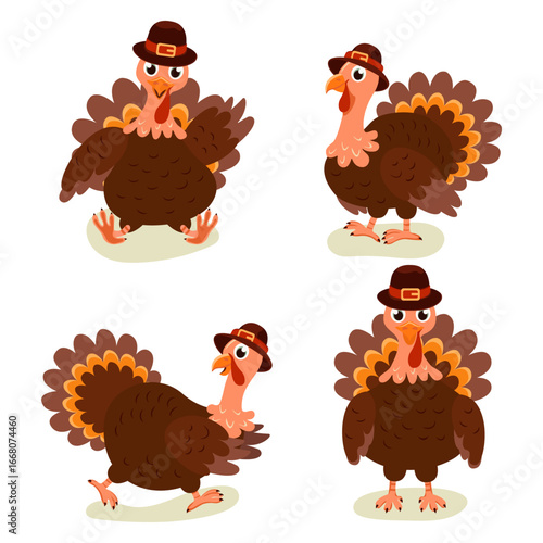 Thanksgiving turkey. Vector set of turkey design on isolated background.
