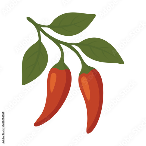 Two red chili peppers with green leaves on branch, flat vector style, isolated spice illustration.