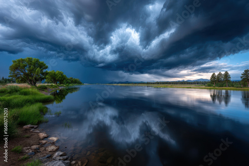 Dark storm clouds reflecting over calm river waters under a moody sky in nature's tranquility