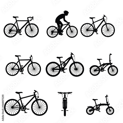 A flat 2D vector icon set showcases various black silhouette bicycles, including a racing bike, a mountain bike, and a folding bike, depicted with clean, modern lines.