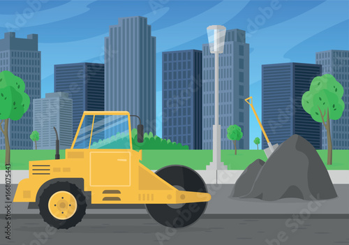 View of road works, asphalt laying against the background of buildings. Road roller.
