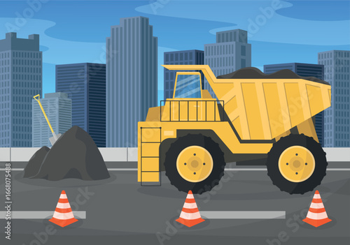 View of road works with dump truck and asphalt concrete mix. Cityscape. Repair of road section.