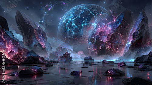 Fototapeta Naklejka Na Ścianę i Meble -  Alien planet landscape for space game background. Vector cartoon fantasy illustration of cosmos and planet surface with rocks, cracks, glowing spots and mist for gui game design