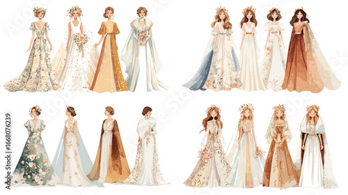 Beautiful watercolor illustration of bridal and ceremonial gowns with floral details, soft tones, and romantic elegance, ideal for wedding fashion design.