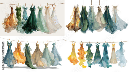 Artistic watercolor illustration of elegant flowing evening gowns in vibrant colors hanging on a line, perfect for fashion and boutique design.