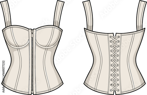 Corset top fashion flat, vector lingerie design, women's shapewear garment, bustier front and back view, fashion illustration template