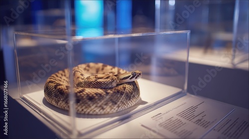 Close-up of a Coiled Snake Inside a Glass Display Case at a Natural History Exhibit Showcasing Serpents with Informative Labels
