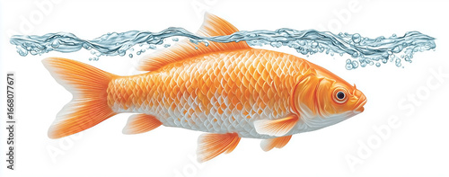 Fish is swimming in the water. The fish is orange and white. The water is clear and calm