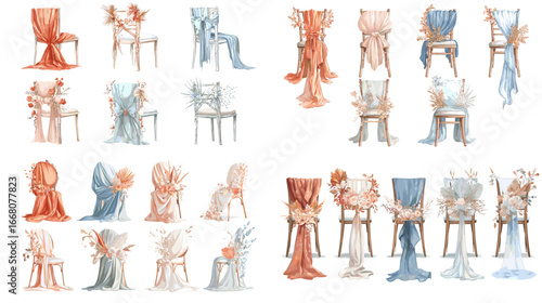 Watercolor illustration of wedding chairs decorated with elegant drapery, flowers, and bows in soft pastel tones for romantic event design.