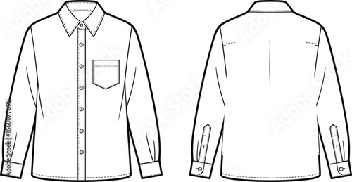 Men's Casual Shirt Front and Back View, Long Sleeves, Pocket Detail, Button Down Shirt, Classic Fit, Fashion Illustration