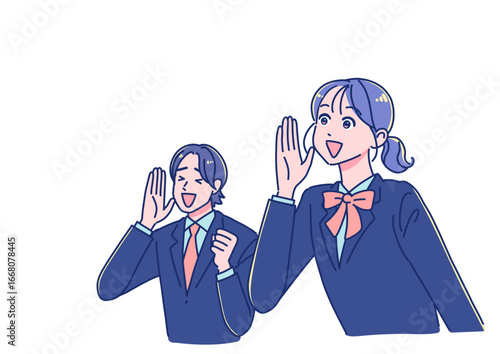 笑顔で声援を送るアニメ調の男女生徒