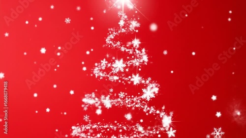 Animated christmas tree with snowflakes on red background