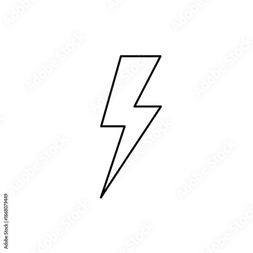A striking minimalist flat 2D vector illustration features a bold black lightning bolt silhouette, symbolizing electricity, power, and energy against a plain background.