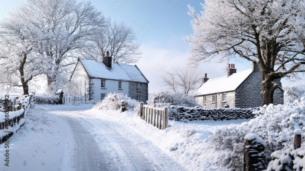 Naklejka premium a book cover for a cosy Women's Fiction novel set in a cluster of four detached Welsh houses in winter 