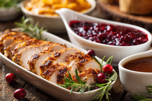 On the festive table there is a dish with sliced turkey and lingonberry sauce. The turkey is decorated with rosemary sprigs and lingonberries. Thanksgiving Day.
