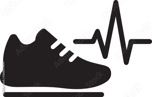 Fitness icons running shoes dumbbell heartbeat exercise Health and Fitness Vector Icon Set. Solid filled heart pulse, running shoe, dumbbell, yoga meditation pose, healthy nutrition plate. Wellness, 