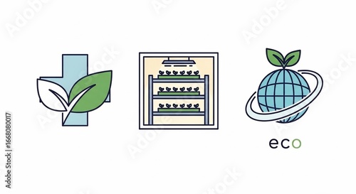 EcoFriendly Icon Set Featuring Natural Medicine Vertical Farming and Global Sustainability.