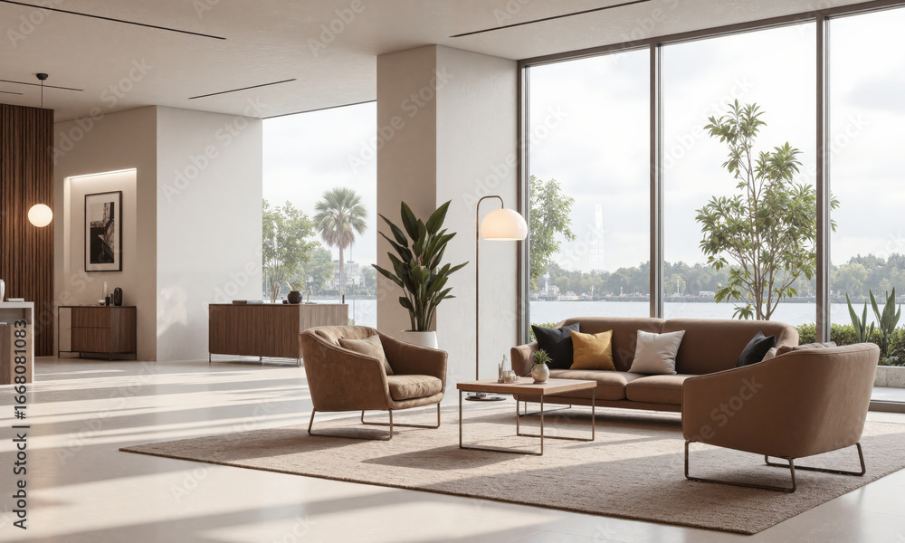 Fototapeta premium Spacious and bright waiting room with modern furniture featuring clean lines. A plush velvet sofa, a wooden coffee table, and elegant metal accents