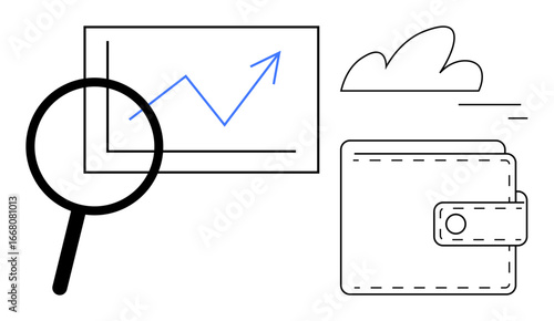 Magnifying glass examining graph with upward trend, wallet, and cloud. Ideal for finance, savings, budgeting, growth, investment, analysis simple landing page