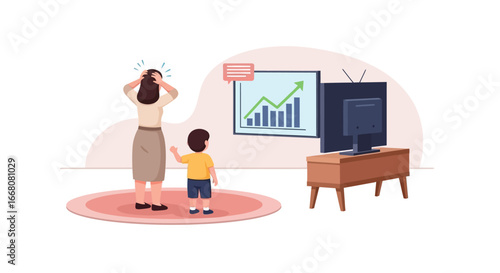 Worried Woman Watching Financial Graph with Child