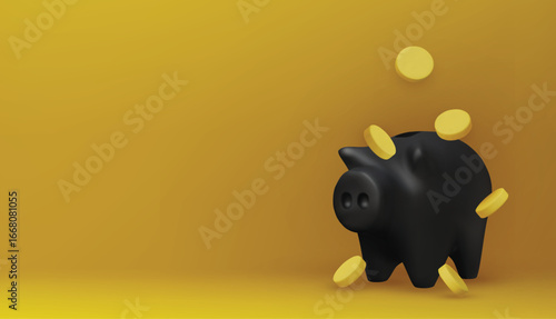 Black piggy bank with stacked coins on yellow background, symbolizing money saving, investment, finance, banking, and economic growth