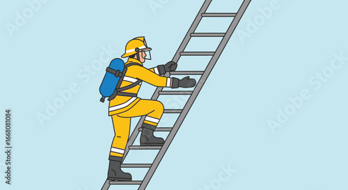 Firefighter Climbing Ladder During Emergency Rescue