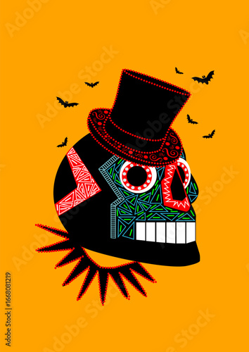 Halloween skull with cylinder hat. Day of the Dead Skull Art. A stylized black skull with colorful geometric patterns and a black top hat is set against an orange background. 