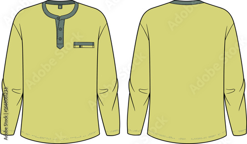 Fashionable long sleeve henley shirt vector illustration, casual men’s top design with button placket, pocket detail, stylish neckline, modern clothing template, apparel mockup