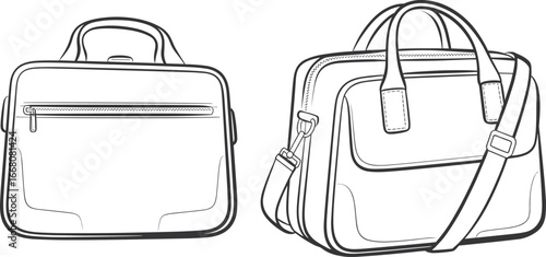 Men’s office bag vector illustration with front and side view, stylish leather briefcase, travel messenger bag, fashion accessory template, modern outline sketch