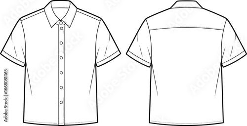 Short sleeve button down shirt fashion flat sketch, vector apparel template with collar design, front and back view, casual clothing outline illustration
