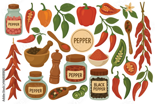 Set of colorful peppers, spice jars, pepper mills, and seasoning elements in flat vector style.