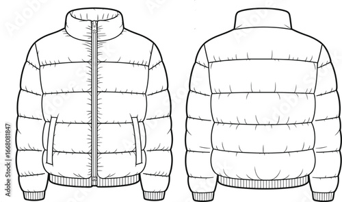 Vector fashion flat sketch illustration of padded puffer jacket with zipper, ribbed cuffs, high collar, front pockets, winter outerwear template for apparel design