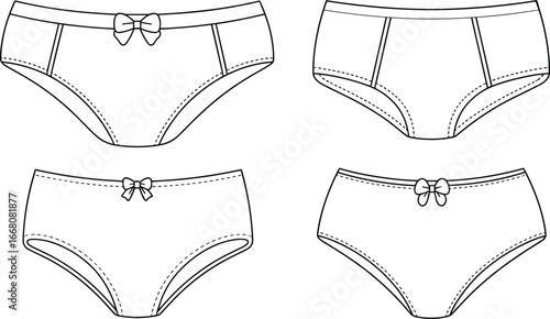 Vector fashion flat sketch illustration of women underwear panty set with bow detail, lingerie design template, stylish feminine clothing, seamless garment apparel outline