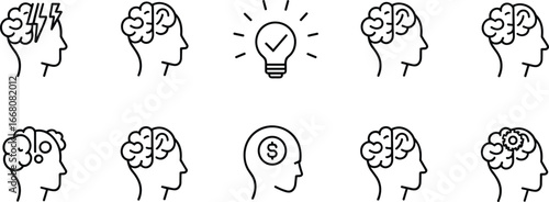 Human head icons, brain symbols, mental states, idea, stress, confusion, thinking, psychology, cognition, problem solving, concept design, flat vector illustration